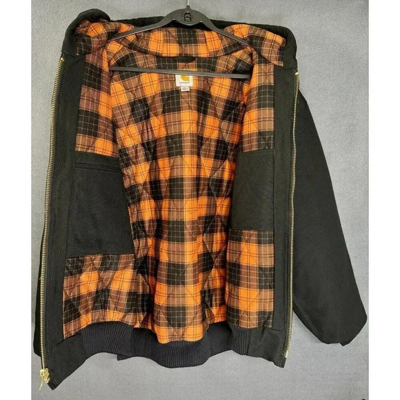 Carhartt Hooded Duck Jacket XL Black Huntsman Quilted Lined Blaze Orange Plaid - Picture 3 of 9